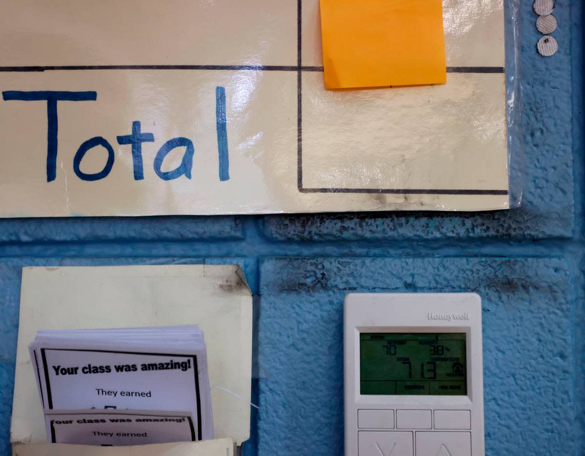 Discoloration from leaks is visible on the walls of the gymnasium at Brentwood Elementary School on Wednesday, Oct. 12, 2022, in Raleigh, N.C. Brentwood Elementary is one of seven schools that would undergo renovations in a $530.7 million bond referendum on the Nov. 8 ballot.