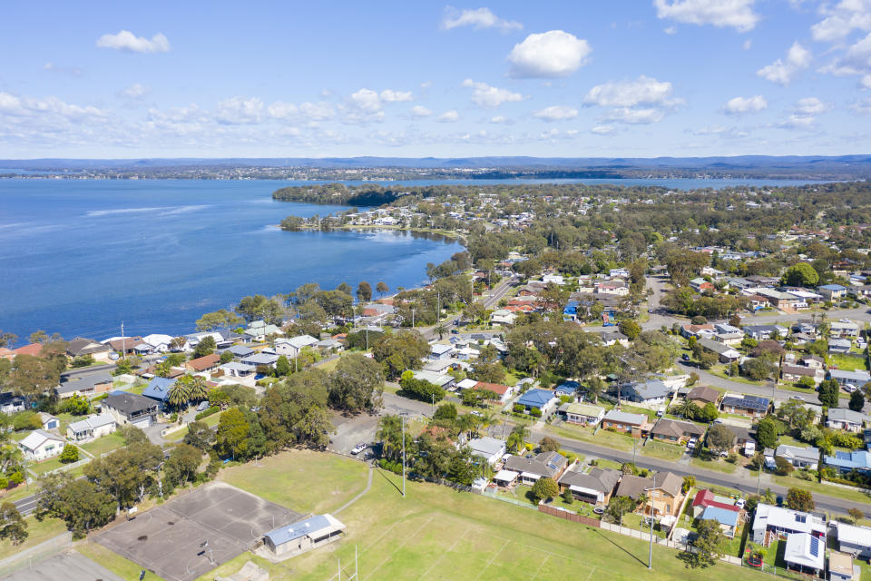 Aerial view of Lake Munmorah and the township of Budgewoi on the NSW Central Coast.