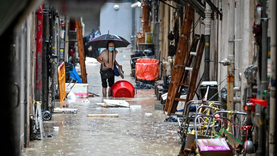 A flooded alley in Hong Kong on September 8, 2023.  - Mladen Antonov/AFP/Getty Images