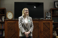 Abigail Bessler daughter of Democratic presidential candidate Sen. Amy Klobuchar, D-Minn., speaks to supporters during a campaign gathering Tuesday, Jan. 21, 2020, in Stanton, Iowa. (AP Photo/Marcio Jose Sanchez)