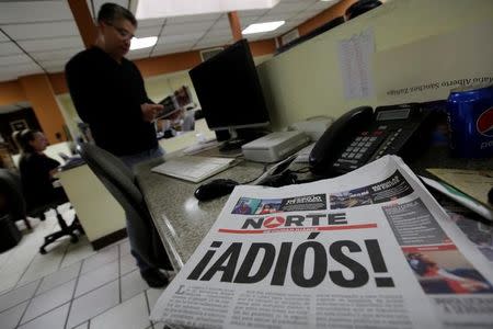 El Norte newspaper is pictured after the paper announced its closure due to what it says is a situation of violence against journalists in Ciudad Juarez, Mexico, April 2, 2017. The word reads, "Goodbye!". REUTERS/Jose Luis Gonzalez