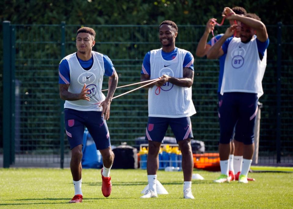 Jesse Lingard and Raheem Sterling during  an England training session (AFP via Getty Images)