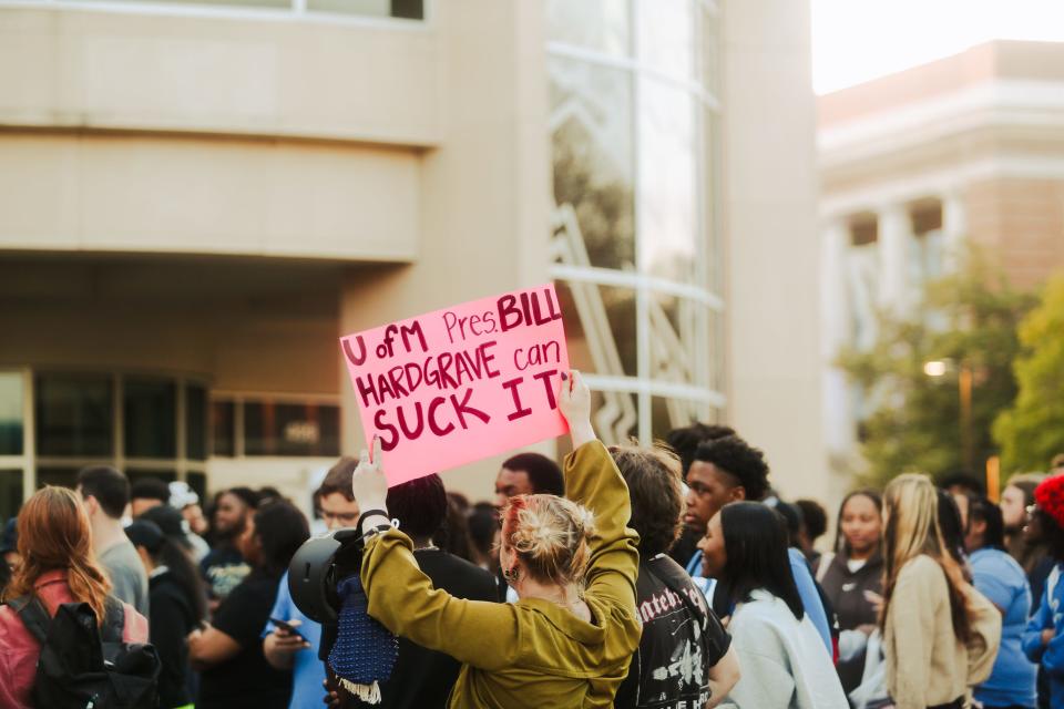 University of Memphis students gathered on campus to protest the appearance of Kyle Rittenhouse speaking on “the lies of Black Lives Matter” and the second amendment at the Memphis chapter Turning Point USA’s event at the campus on Wednesday, March 20, 2024 in Memphis, Tenn.