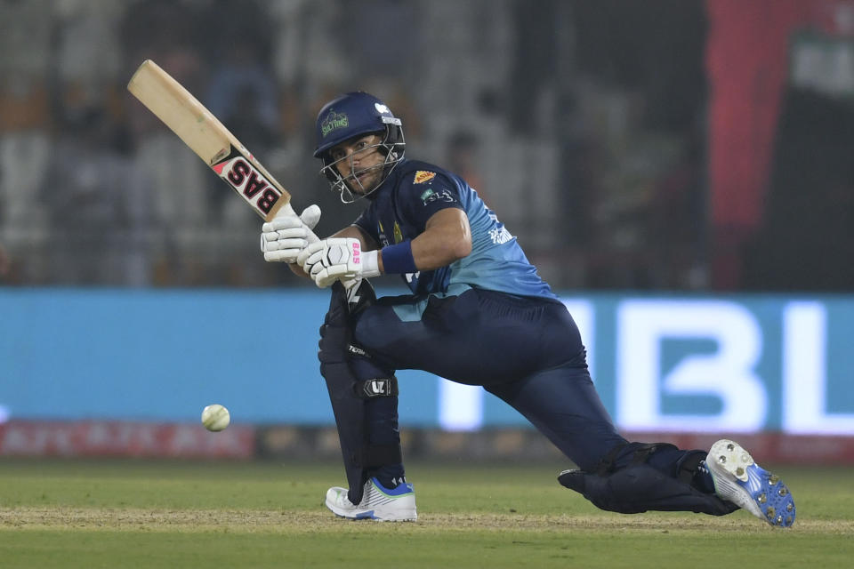 Multan Sultans' Reeza Hendricks plays a shot during the Pakistan Super League T20 cricket match between Multan Sultans and Karachi Kings in Multan, Pakistan Sunday, Feb. 18, 2024. (AP Photo/M. Khan)