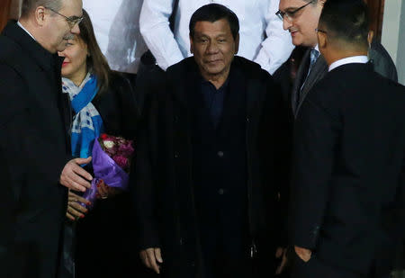 Philippine President Rodrigo Duterte attends a welcoming ceremony upon his arrival at Vnukovo International Airport in Moscow, Russia, May 22, 2017. REUTERS/Maxim Shemetov