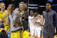 <p>Right: UMBC players celebrate a teammate’s basket against Virginia during the second half of a first-round game in the NCAA men’s college basketball tournament in Charlotte, N.C., Friday, March 16, 2018. (AP Photo/Gerry Broome)<br>Left:Virginia’s Kyle Guy, center, walks off the court following the team’s 74-54 loss to UMBC in a first-round game in the NCAA men’s college basketball tournament in Charlotte, N.C., Friday, March 16, 2018. (AP Photo/Gerry Broome) </p>