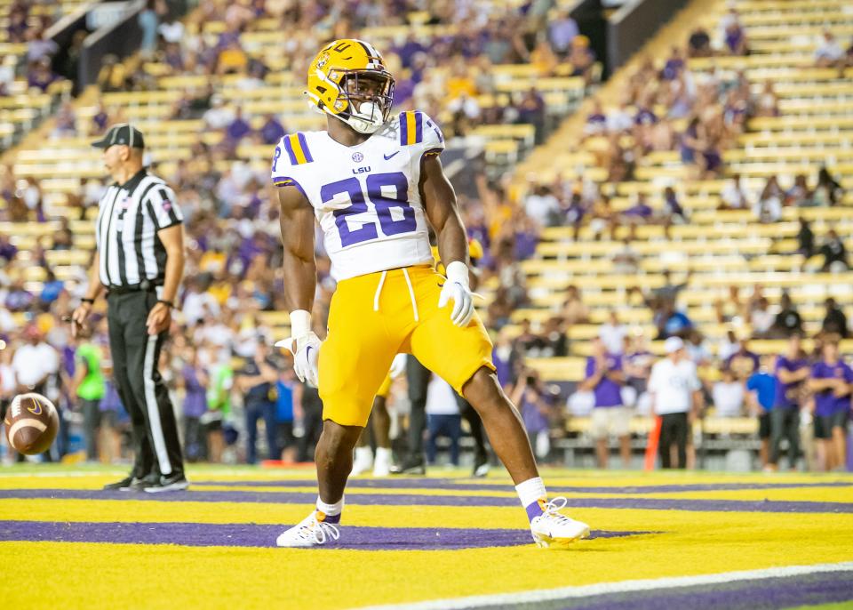 Kaleb Jackson 28 runs the ball as the LSU Tigers take on <a class="link " href="https://sports.yahoo.com/ncaaw/teams/grambling-st/" data-i13n="sec:content-canvas;subsec:anchor_text;elm:context_link" data-ylk="slk:Grambling State;sec:content-canvas;subsec:anchor_text;elm:context_link;itc:0">Grambling State</a> at Tiger Stadium in Baton Rouge, Louisiana, Saturday, Sept. 9, 2023.