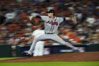 Atlanta Braves starting pitcher Max Fried throws during the sixth inning in Game 6 of baseball's World Series between the Houston Astros and the Atlanta Braves Tuesday, Nov. 2, 2021, in Houston. (AP Photo/David J. Phillip)