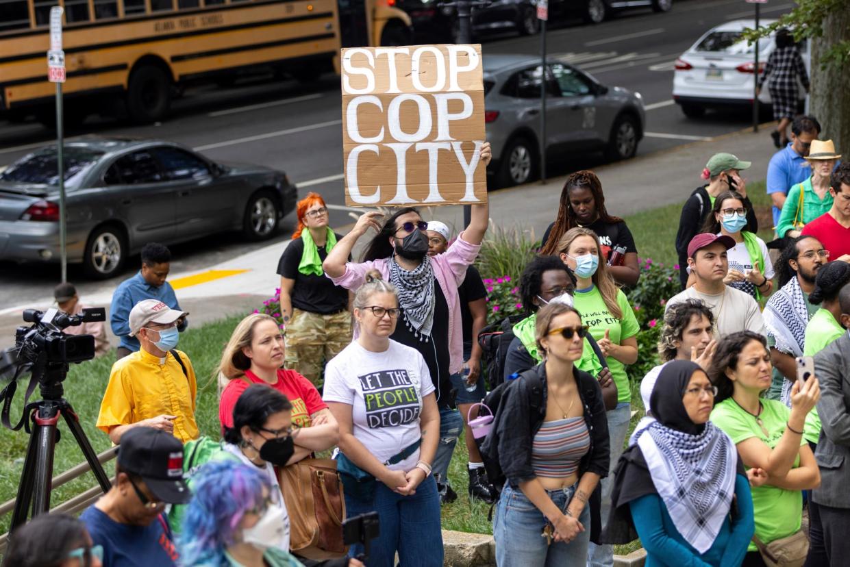 <span>Protesters at city hall in Atlanta, Georgia, on 16 September 2024.</span><span>Photograph: Arvin Temkar/Atlanta Journal-Constitution via AP</span>