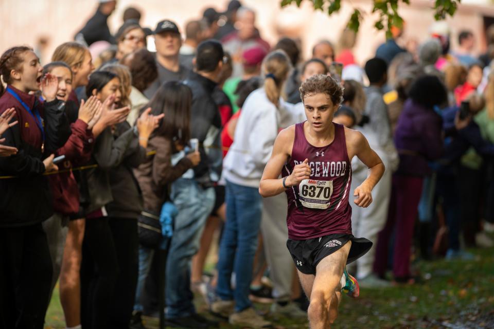 Declan Byrne, of Ridgewood, on his way to finishing fifth in the Bergen Cross-Country Meet of Champions at Darlington Park in Mahwah on Saturday, October 30, 2021. 