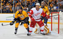 NASHVILLE, TN - APRIL 13: Shea Weber #6 of the Nashville Predators and Todd Bertuzzi #44 of the Detroit Red Wings hold their positions in front of goalie Pekka Rinne #35 in Game Two of the Western Conference Quarterfinals during the 2012 NHL Stanley Cup Playoffs at the Bridgestone Arena on April 13, 2012 in Nashville, Tennessee. (Photo by Frederick Breedon/Getty Images)