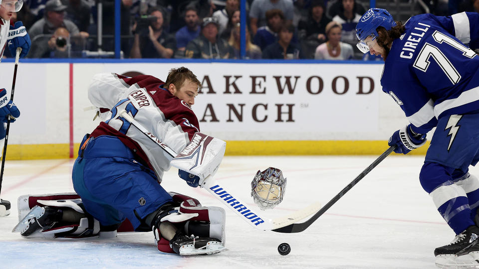 Anthony Cirelli #71 of the Tampa Bay Lightning scores a goal against Darcy Kuemper #35 of the Colorado Avalanche. (Photo by Mike Carlson/NHLGetty Images)