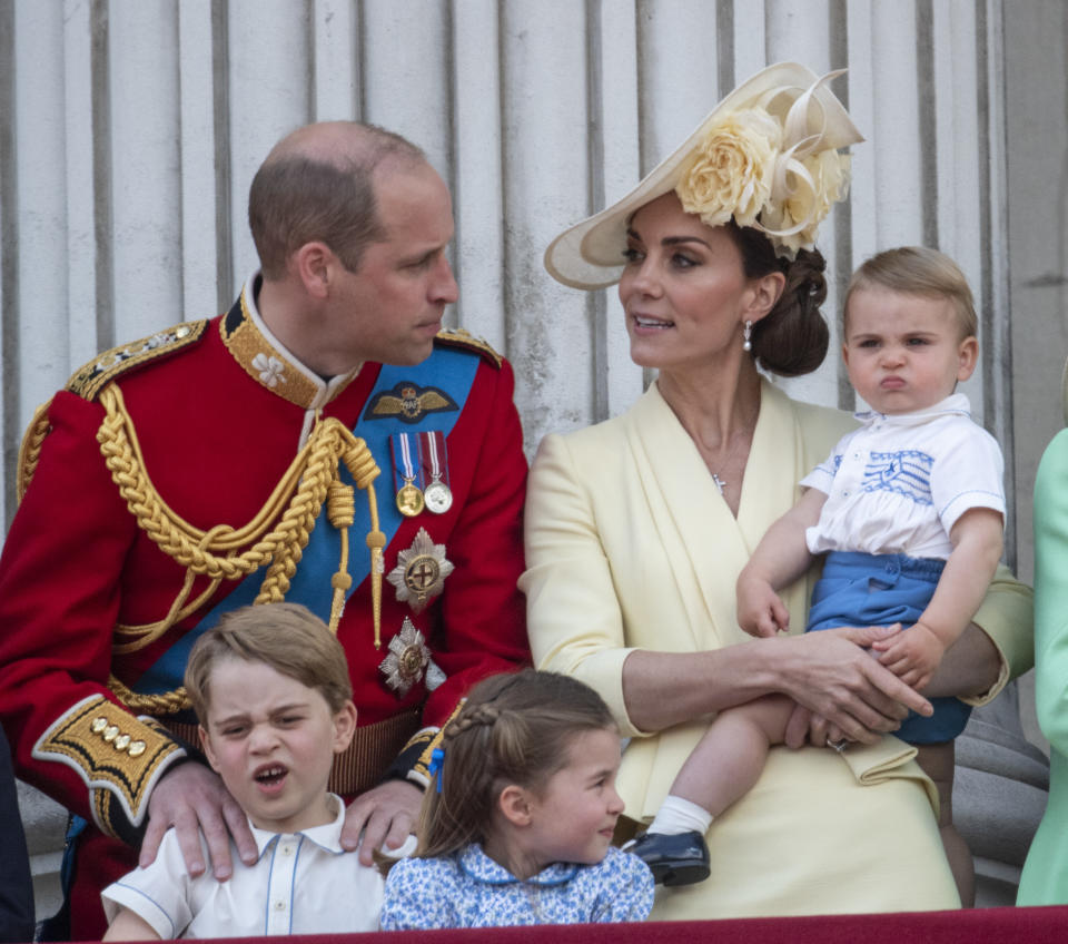 LONDON, ENGLAND - JUNE 08: Prince William, Duke of Cambridge with Catherine, Duchess of Cambridge, Princess Charlotte of Cambridge, Prince George of Cambridge and Prince Louis of Cambridge during Trooping The Colour, the Queen's annual birthday parade, on June 8, 2019 in London, England. (Photo by Mark Cuthbert/UK Press via Getty Images)