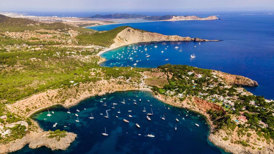 Aerial view of Porroig and Cala Jondal beach, south of Ibiza. Spain.