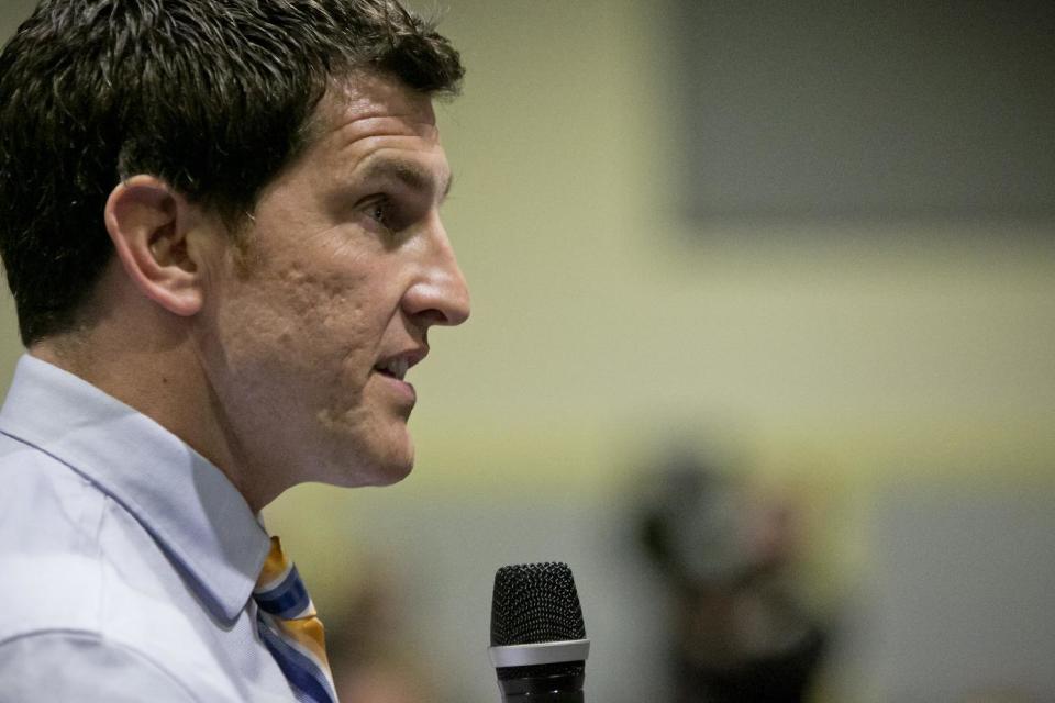 Rep. Scott Taylor during a town hall meeting at Kempsville High School in Virginia Beach, Va., Monday, Feb. 20, 2017. (Kristen Zeis/The Virginian-Pilot via AP)