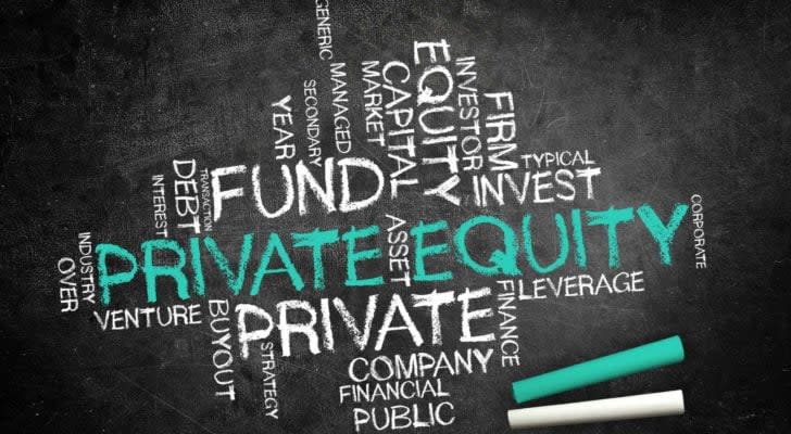 A word cloud of private equity concepts is written on a chalkboard.