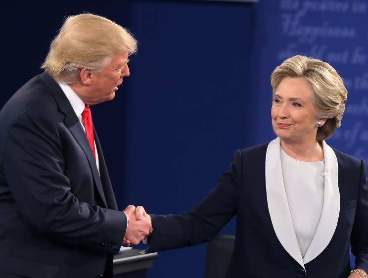 Hillary Clinton and Donald Trump shake hands after the second presidential debate at Washington University in St. Louis, Mo., on Oct. 9, 2016. 