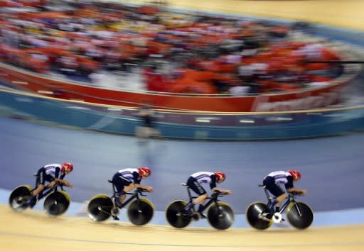 Great Britain's team competes in the Men's 4k team pursuit qualifying round of the London 2012 Olympics Games on August 2. Hosts Britain will take a huge step towards restoring their track cycling supremacy if they come away with the coveted men's Olympic team pursuit gold Friday. Ed Clancy, Steven Burke, Peter Kennaugh and Geraint Thomas set a new world record of 3min 52.499sec in qualifying