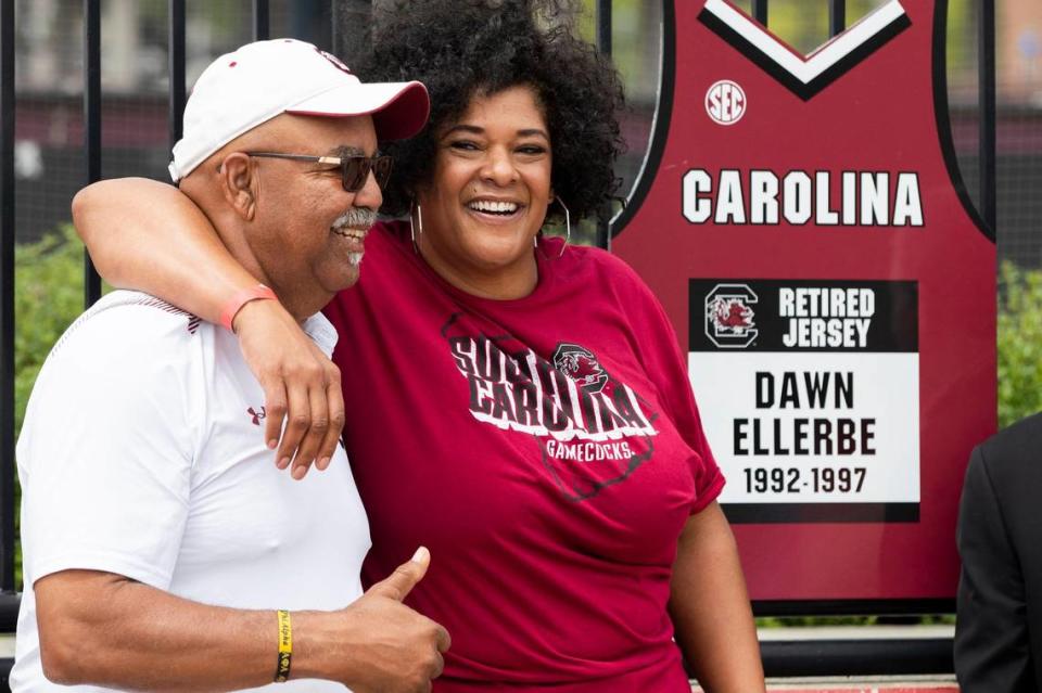 Former Gamecock athlete Dawn Ellerbe is honored at the Sheila and Morris Cregger Track Saturday, April 16, 2022. Her retired jersey is the third to be posted at the university’s track.