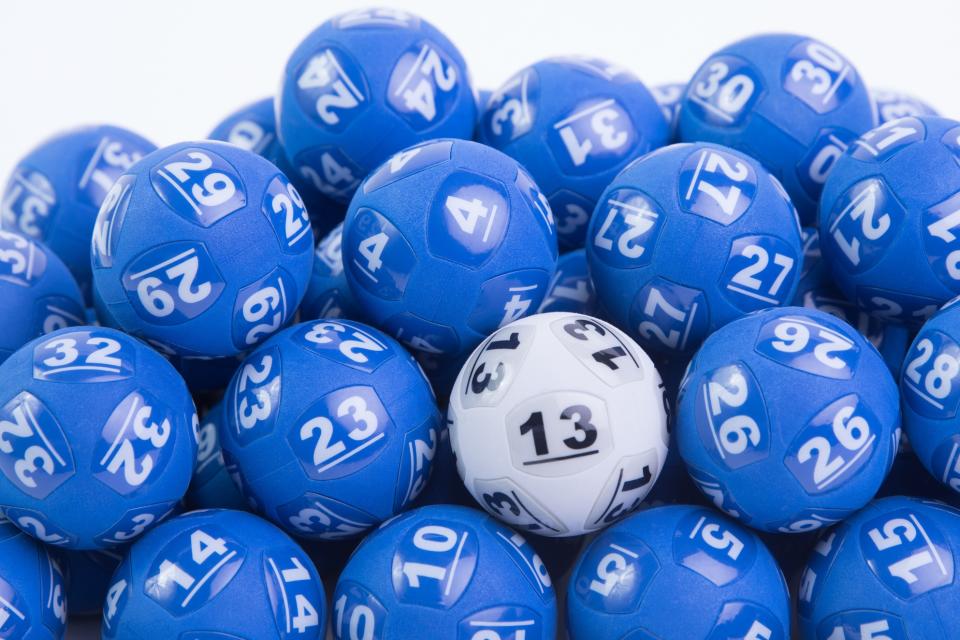 A picture of numbered balls used in Powerball.