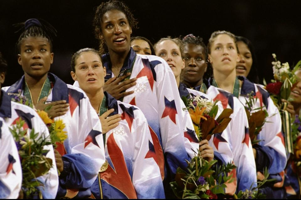 4 Aug 1996:  Lisa Leslie of the USA stands as the Anthem is played after winning the Women''s basketball Finals during the 1996 Olympic Games in the Georgia Dome in Atlanta, Georgia. The USA Women''s Team defeated the Brazilian Women''s Team 111-87. Mandatory Credit: Rick Stewart  /Allsport