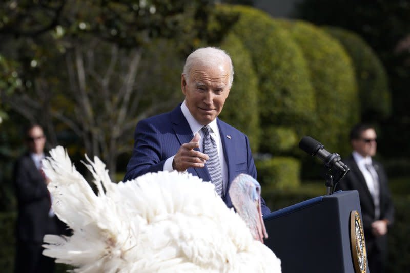 President Joe Biden remarked on the size of the turkeys as he declared "I hereby pardon Liberty and Bell!" Photo by Yuri Gripas/UPI