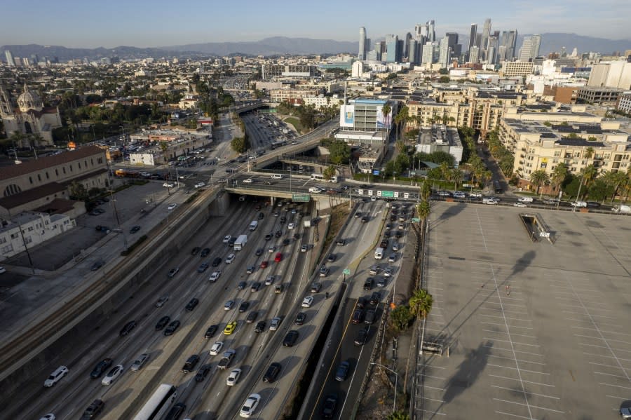 Traffic on Interstate 110 in Los Angeles is seen on Nov. 13, 2023. (Photographer: Kyle Grillot/Bloomberg via Getty Images)