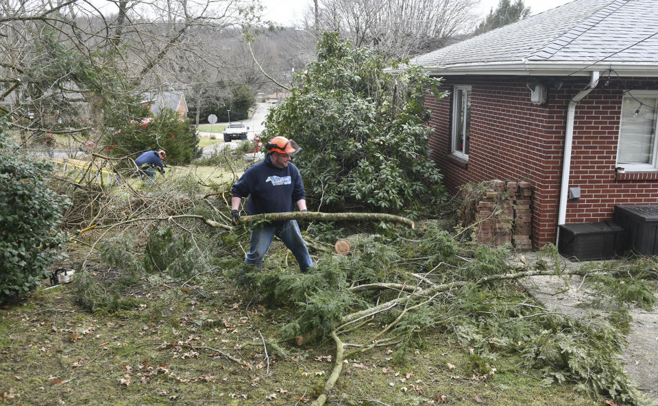 Drew Mitchell, an employee of Falling Timber Landscaping of Saxonburg, Pa., removed branches from a tree the fell on the roof of the home of Joe and Alise Zylinski Sunday, Feb. 24, 2019, in Natrona Heights, Pa. Mr. Zylinski said work was done on the roof on Saturday, Feb. 23, 2019. (Nate Guidry/Pittsburgh Post-Gazette via AP)