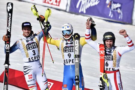 Mar 19, 2017; Aspen, CO, USA; Felix Neureuther of Germany, Andre Myhrer of Sweden and Michael Matt of Austria celebrate after the men's slalom alpine skiing race in the 2017 Audi FIS World Cup Finals at Aspen Mountain. Mandatory Credit: Michael Madrid-USA TODAY Sports