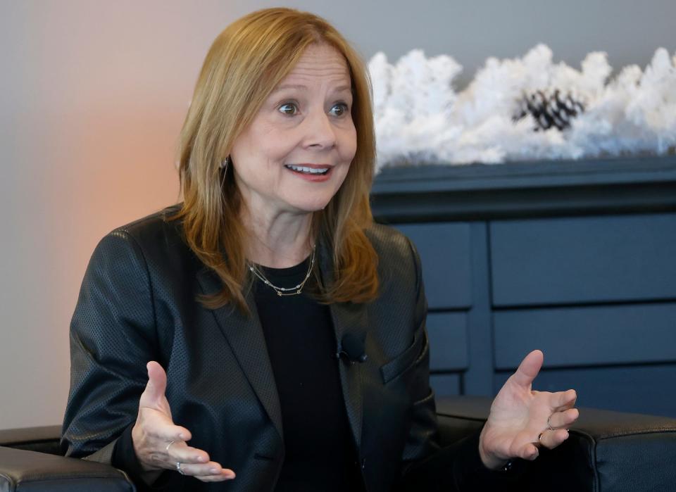 General Motors CEO Mary Barra, talks with members of the Automotive Press Association during their luncheon and a question and answer session at the Waterview Loft at Port Detroit in Detroit on Dec. 8, 2022.