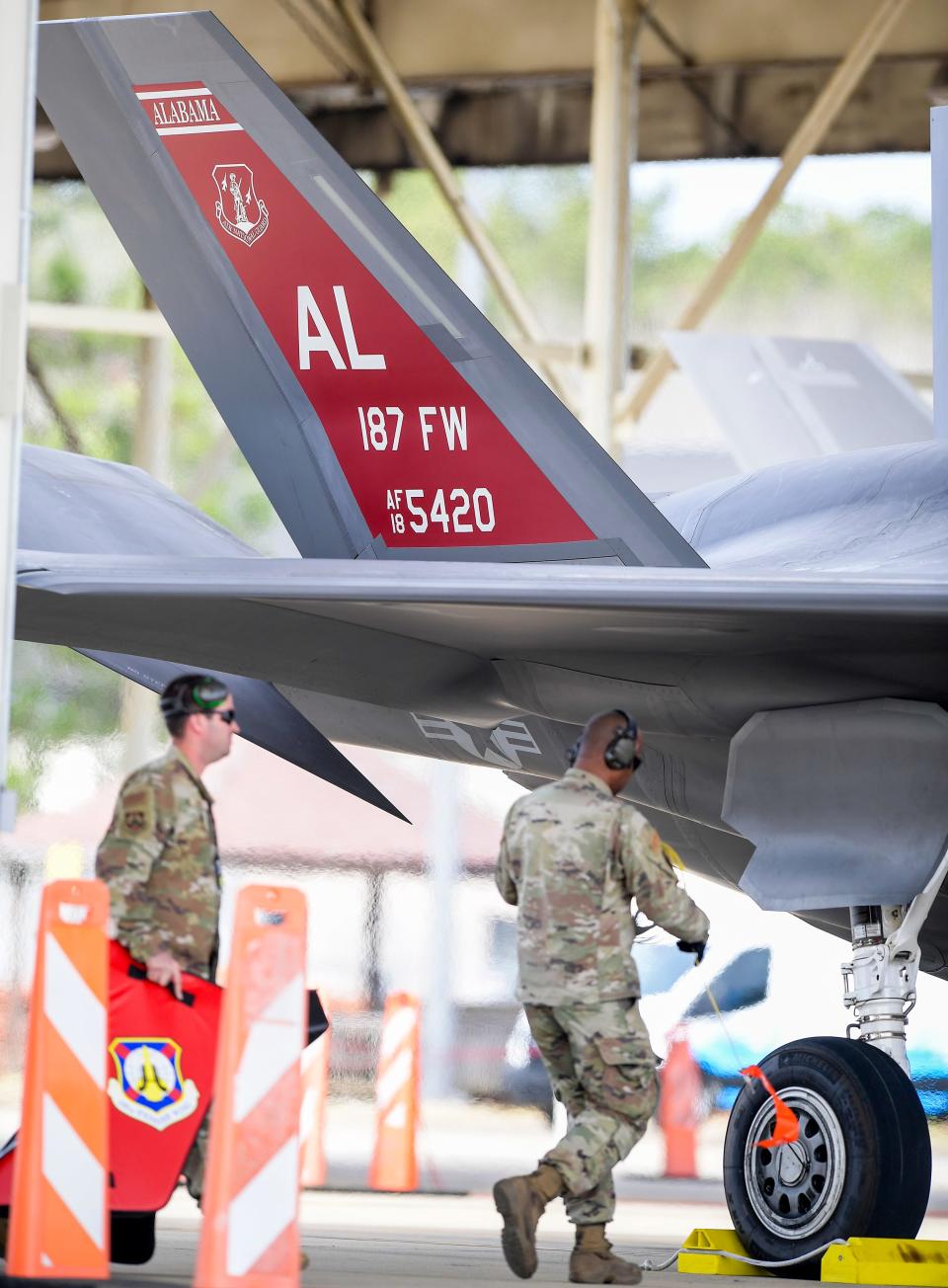 Ground crew secure an F-35A Lightning II following the Aircraft Arrival Ceremony at the 187th Fighter Wing at Dannelly Field in Montgomery, Ala., on Friday morning February 9, 2024.