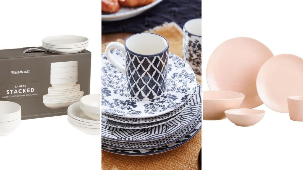 Left to right: <a href="https://fave.co/36iuJkA" rel="noopener" target="_blank" data-ylk="slk:12-piece set of stackable dinnerware;elm:context_link;itc:0;sec:content-canvas" class="link rapid-noclick-resp">12-piece set of stackable dinnerware</a>; <a href="https://fave.co/3hB7RBY" rel="noopener" target="_blank" data-ylk="slk:four charcoal and ivory salad plates;elm:context_link;itc:0;sec:content-canvas" class="link rapid-noclick-resp">four charcoal and ivory salad plates</a>; <a href="https://fave.co/3AyiHkJ" rel="noopener" target="_blank" data-ylk="slk:set of four Blush Element salad plates;elm:context_link;itc:0;sec:content-canvas" class="link rapid-noclick-resp">set of four Blush Element salad plates</a>. Credit: World Market
