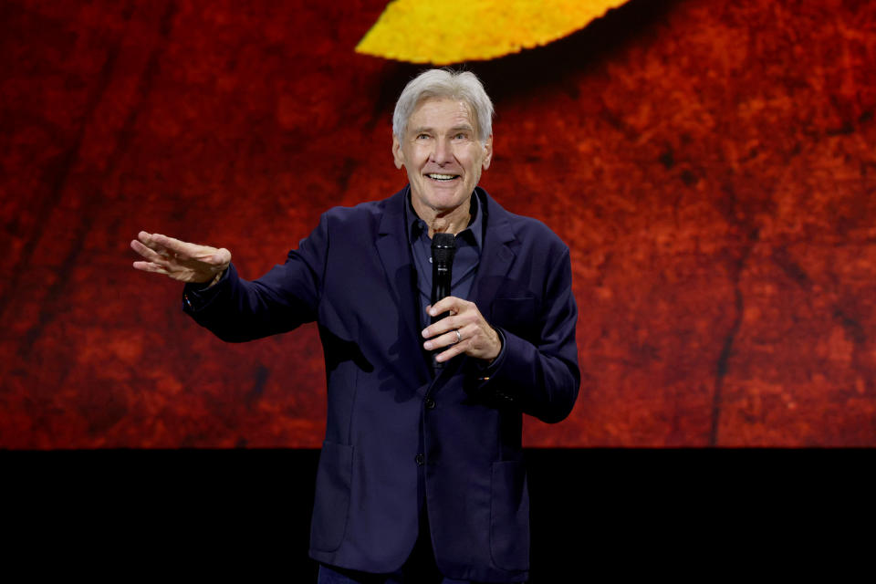 ANAHEIM, CALIFORNIA - SEPTEMBER 10: Harrison Ford speaks onstage during D23 Expo 2022 at Anaheim Convention Center in Anaheim, California on September 10, 2022. (Photo by Jesse Grant/Getty Images for Disney)