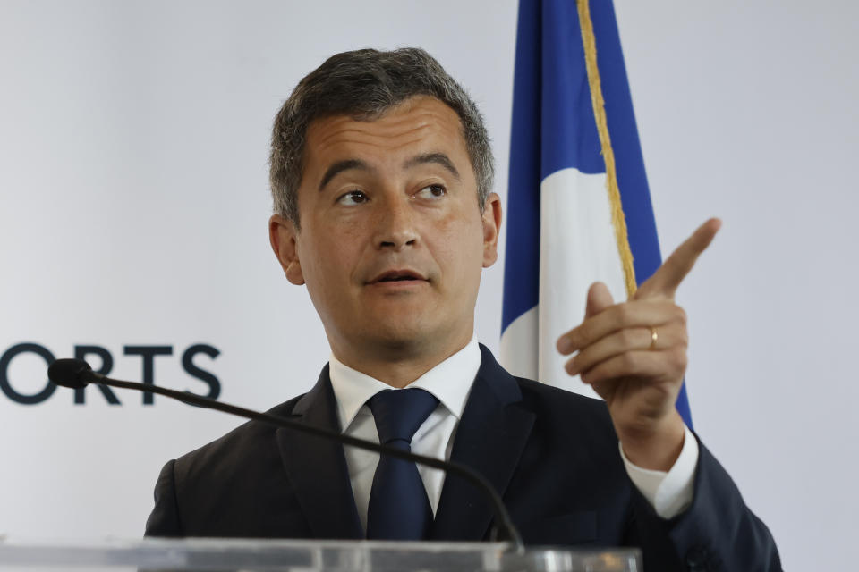 French Interior Minister Gerald Darmanin attends a press conference following a meeting on security after incidents during the Champions League final at the Stade France stadium, Monday, May 30, 2022 in Paris. The British government says it's deeply concerned over the treatment of Liverpool supporters by French authorities, who blamed fans for unrest at the Champions League final amid overcrowding outside the Stade de France. (AP Photo/Jean-Francois Badias)