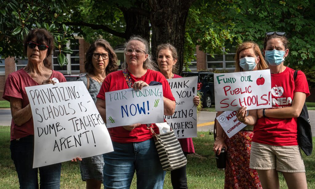 Retired and current educators at a 2022 rally protesting a new state funding formula. (Photo: John Partipilo)