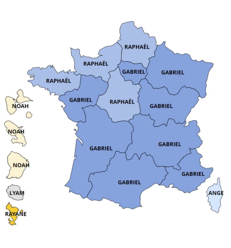 Nombres masculinos más populares en Francia por regiones. 