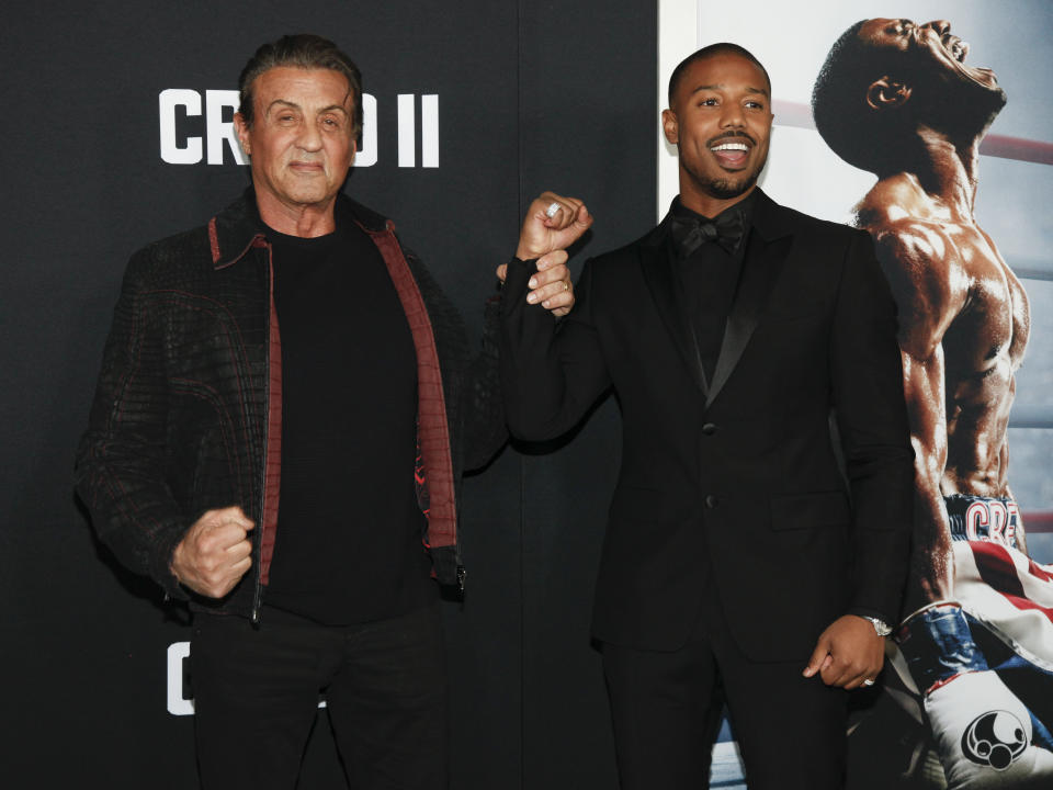 Sylvester Stallone, left, and Michael B. Jordan attend the world premiere of "Creed II" at the AMC Loews Lincoln Square on Wednesday, Nov. 14, 2018, in New York. (Photo by Andy Kropa/Invision/AP)