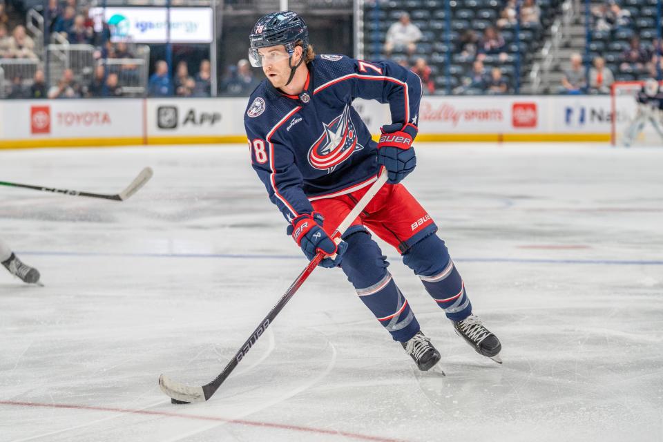 Oct 4, 2023; Columbus, Ohio, United States;
Columbus Blue Jackets defenseman Damon Severson (78) looks for an open pass during their game against the Buffalo Sabres on Wednesday, Oct. 4, 2023 at Nationwide Arena.