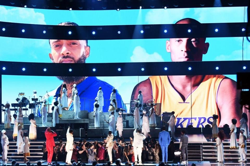 The late rapper was honored with a star-studded tribute at Sunday's ceremony, just hours after the tragic news of Kobe Bryant's death.