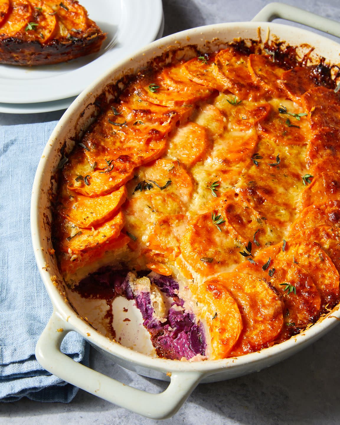 tri color sweet potato gratin with gruyere and thyme