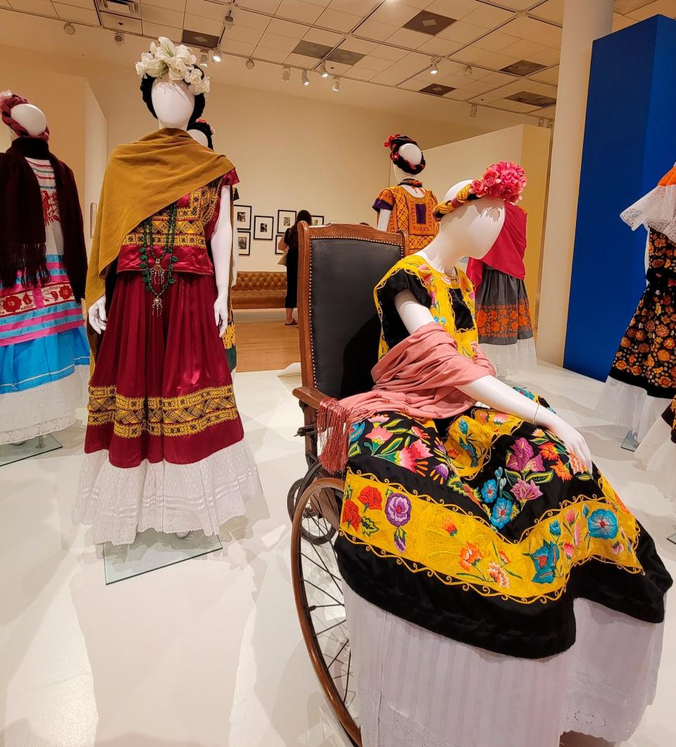 Recreations of the "classic Mexican dress" that artist Frida Kahlo favored are on view at the Philbrook Museum of Art in Tulsa on July 30, 2022. The museum is showing the special exhibit "Frida Kahlo, Diego Rivera, and Mexican Modernism" through Sept. 11.