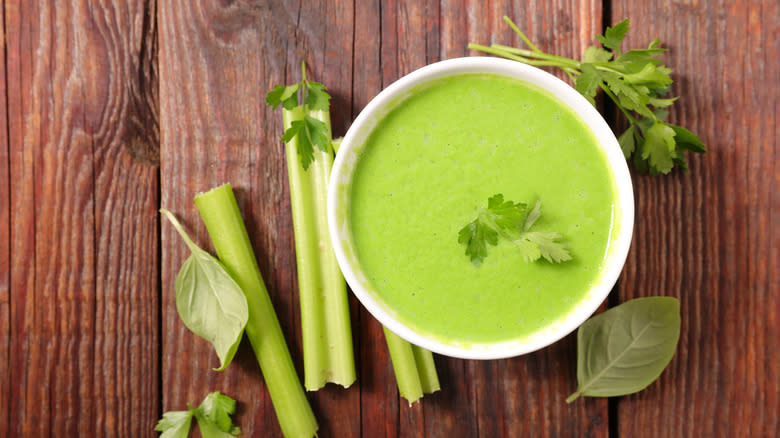 Celery soup in bowl