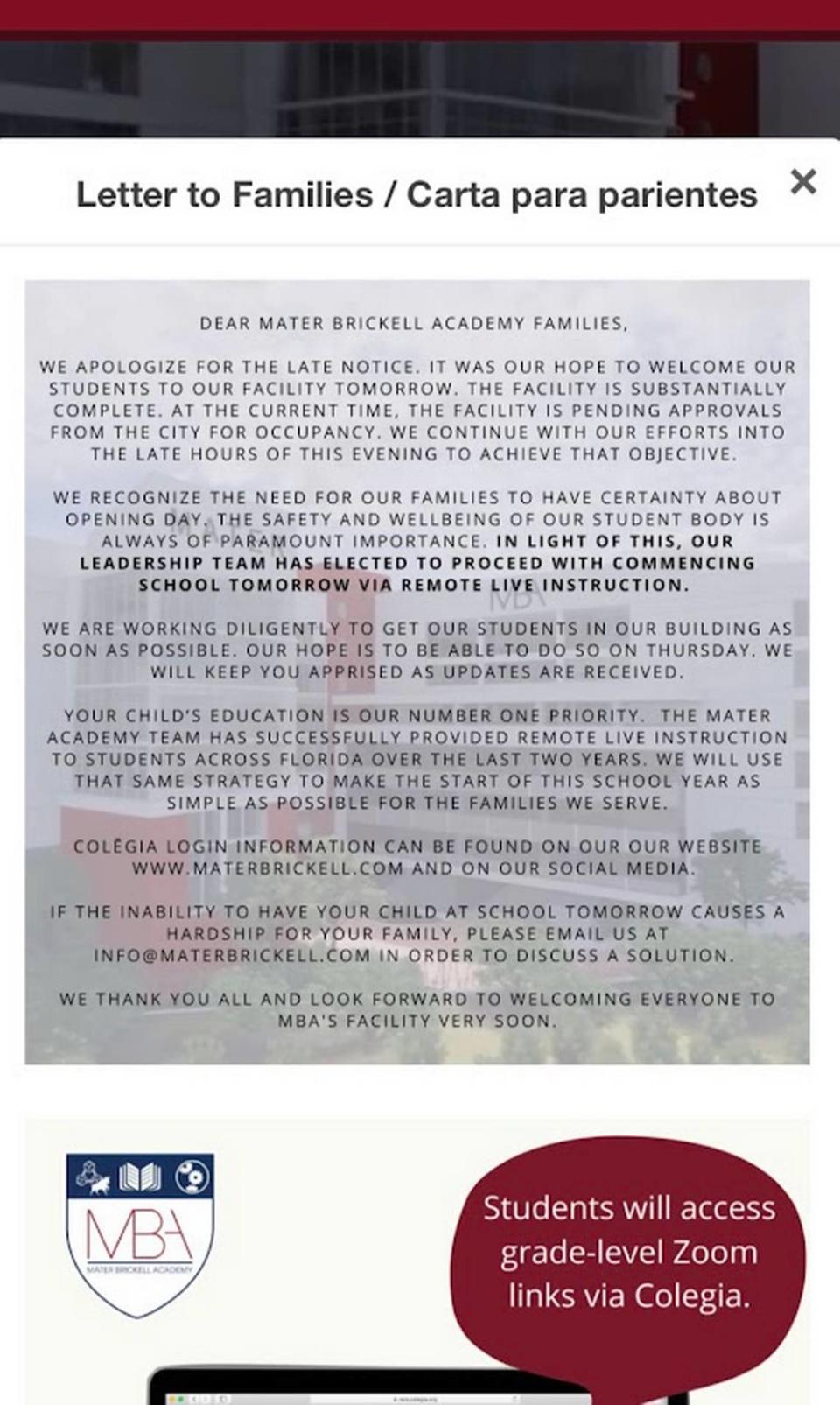 Parents at Mater Brickell Academy received this letter on Tuesday, saying the school could not open Wednesday, the first day of Miami-Dade public schools, due to it not receiving approval from the City of Miami.