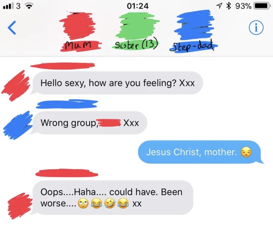 mom sends a "hello sexy" text in the family group chat