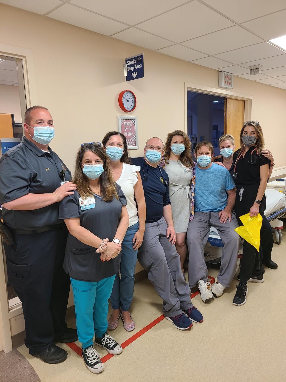 Some of the Exeter Hospital Emergency Department and EMS staff who guide the care of stroke patients. From left to right are Mike Gilbert, Paramedic Clinical Leader; Jen Charache, RN Clinical Leader; Amber McGregor, Stroke Program Coordinator; Adam Cavanaugh, Paramedic; Megan Moynihan, ED Clinical Practice Leader; Tom Breslin, RN; Emily Yelle, Paramedic; Basia Diaczenko, RN).