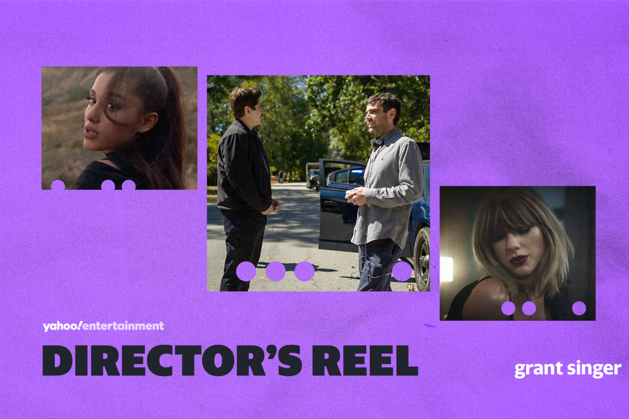 Grant Singer's directing career includes Reptile with Benicio Del Toro and music videos for Ariana Grande and Taylor Swift. (Photo Illustration: Yahoo News; Photos (from left): Ariana Grande via YouTube, Kyle Kaplan/Netflix, Taylor Swift via YouTube)