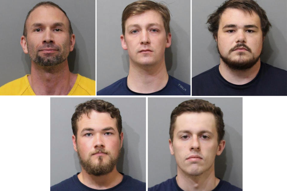 FILE - This combination of images provided by the Kootenai County Sheriff's Office shows, from top row from left James Michael Johnson, Forrest Rankin, Robert Whitted. Bottom row from left, Devin Center, Derek Smith. A northern Idaho jury on Thursday, July 20, 2023, found these five members of the white nationalist hate group Patriot Front guilty of misdemeanor charges of conspiracy to riot at a Pride event. (Kootenai County Sheriff's Office, via AP, File)