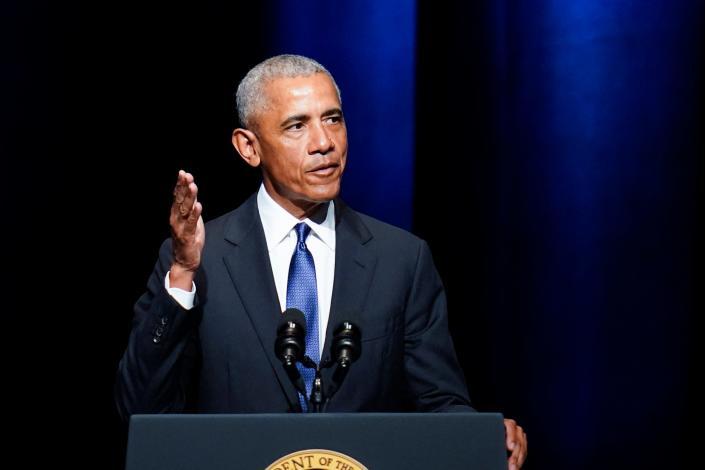 Former President Barack Obama speaks during a memorial service for former Senate Majority Leader Harry Reid at the Smith Center in Las Vegas in January 2022.