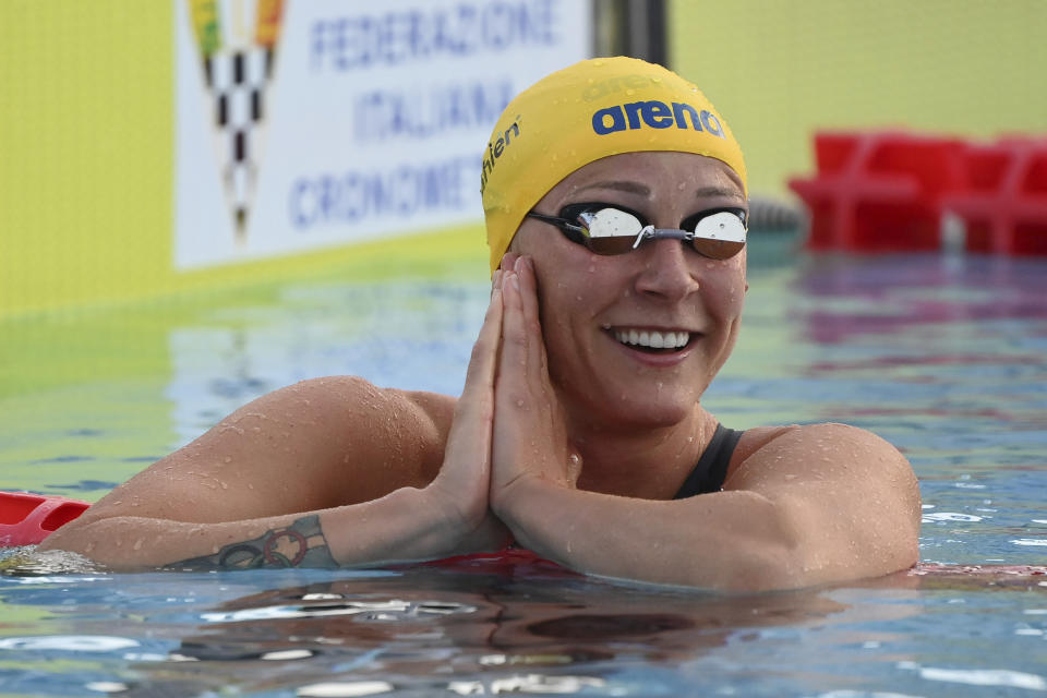 Sweden's Sarah Sjoestroem reacts after a race at the 58th edition Settecolli international swimming hills event in Rome, Friday June 25, 2021. (Alfredo Falcone/LaPresse via AP)