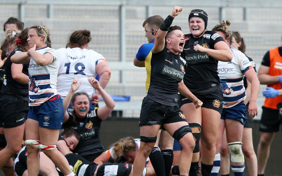 Poppy Leitch of Exeter Chiefs Women celebrates with teammates as the final whistle is blown to confirm their progression to the Allianz Premier 15s Final after victory in the Allianz Premier 15s Semi Final match between Exeter Chiefs Women and Bristol Bears Women at Sandy Park on May 22, 2022 in Exeter - Exeter Chiefs set up Premier 15s final with Saracens after blockbuster derby win over Bristol Bears - GETTY IMAGES